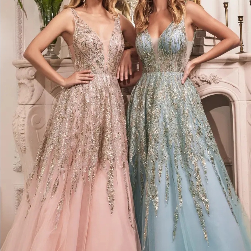 Light Blue Ombre Glitter V-Neck Low Back Prom Evening Ball Gown